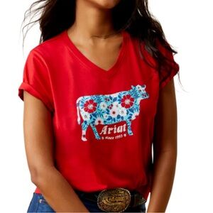 Ariat Women's Flower Cow Short Sleeve T-Shirt Equestrian Red Sz XXL